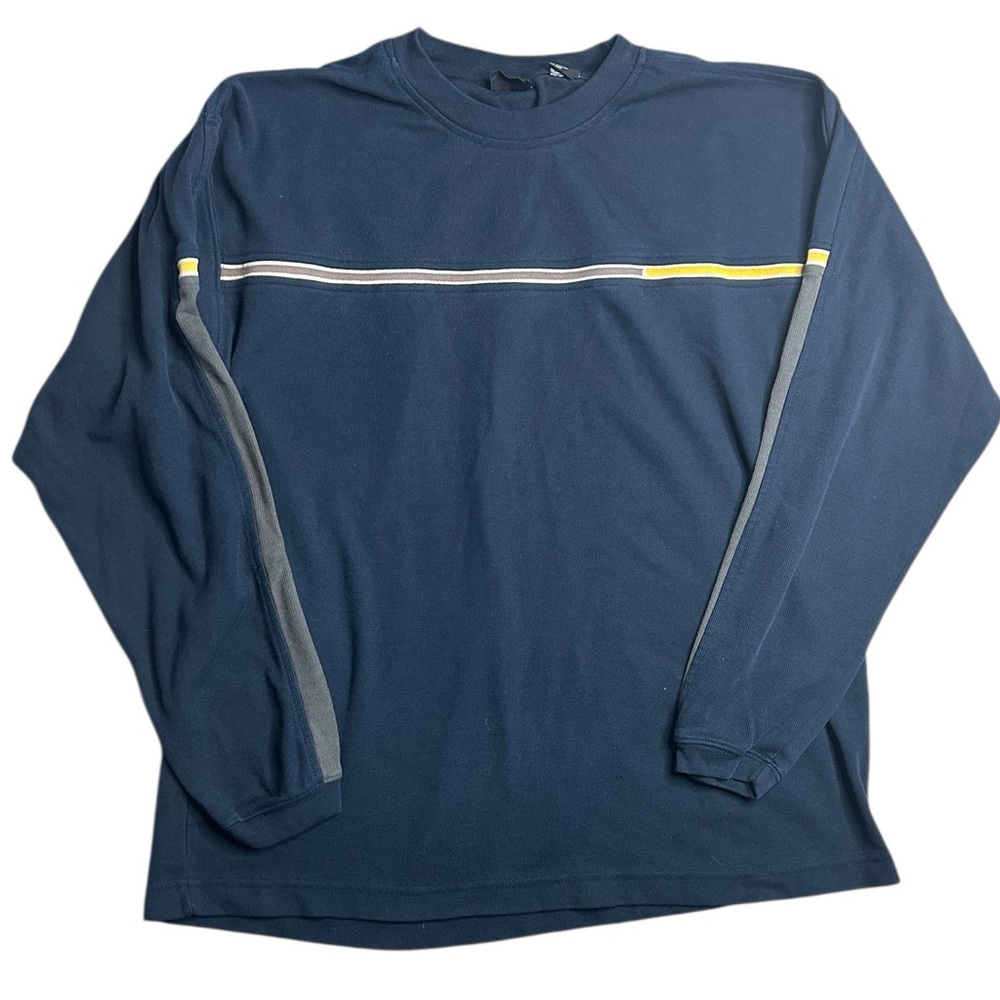 Emergency Exit Long Sleeve‎ Shirt Men’s Large Navy Blue Retro Stripe Casual Tee